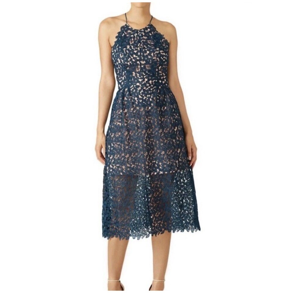 Slate & Willow Blue Opal Lace Open Back Midi Dress Lined 6 $225